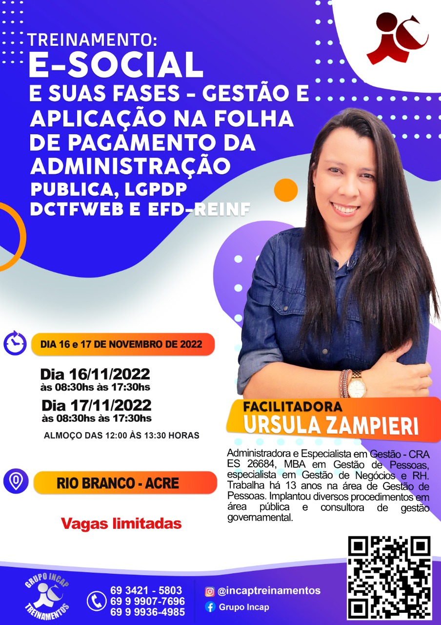 TREINAMENTO:  E-SOCIAL E SUAS FASES – GESTÃO E APLICAÇÃO NA FOLHA DE PAGAMENTO  DA ADMINISTRAÇÃO PUBLICA, LGPDP, DCTFWEB, EFD-REINF